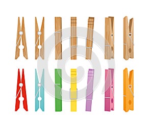 Vector illustration of wooden and clothespin collection on white background. Clothespins in different bright colors and photo
