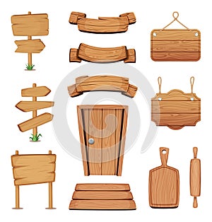 Vector illustration of wooden signboards, doors, plates and other different shapes with wood texture