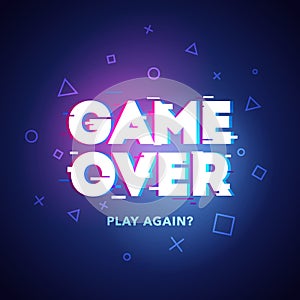 Vector Illustration word Game Over - Play Again in cyber noise glitch design. For games, banner, web pages. Three color half-shift