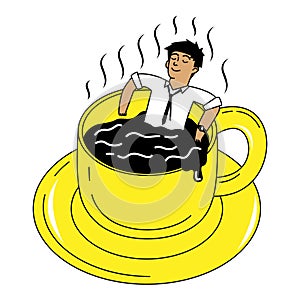 vector illustration of a worker relaxing in a cup of coffee