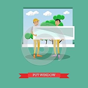 Vector illustration of workers installing plastic window, flat style