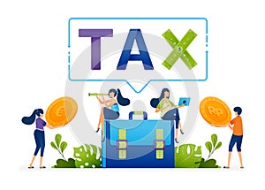 Vector illustration of Workers and laborers required to report and fill in income for annual tax payments and VAT claims. Can be