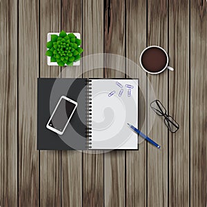 Vector illustration of workplace elements on a wooden background. Glasses, notebook, pencil, coffee cup, paper clips