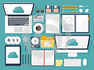 Vector illustration. Workplace, table with documents, computer. Flat cloud computing background. Media, data server. Web