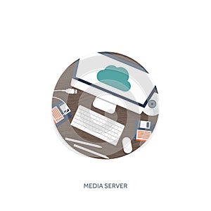 Vector illustration. Workplace table with documents, computer. Flat cloud computing background. Media data server. Web