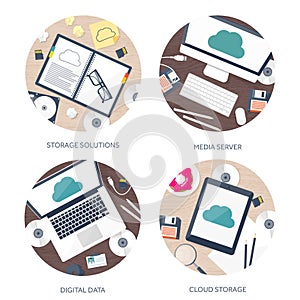 Vector illustration. Workplace table with documents, computer. Flat cloud computing background. Media data server. Web