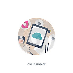 Vector illustration. Workplace table with documents, computer. Flat cloud computing background. Media data server. Web