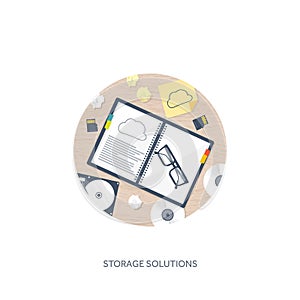 Vector illustration. Workplace table with documents, computer. Flat cloud computing background. Media data server. Web