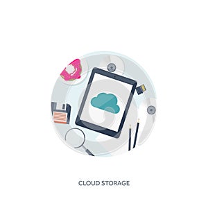 Vector illustration. Workplace table with documents, computer. Flat cloud computing background. Media data server. Web