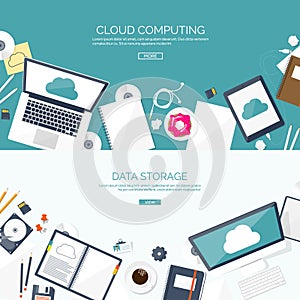 Vector illustration. Workplace table with documents, computer. Flat cloud computing background. Media data server. Web