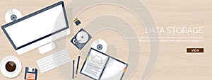 Vector illustration. Workplace table with documents, computer. Flat cloud computing background. Media data server. Web