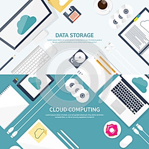 Vector illustration. Workplace table with documents, computer. Flat cloud computing background. Media data server. Web