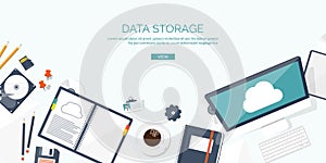 Vector illustration. Workplace table with documents, computer. Flat cloud computing background. Media data server. Web