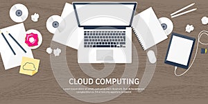 Vector illustration. Workplace table with documents, computer. Flat cloud computing background. Media data server. Web