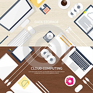 Vector illustration. Workplace table with documents, computer. Flat cloud computing background. Media data server. Web