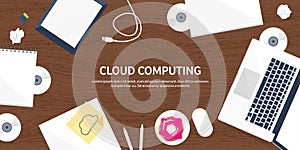 Vector illustration. Workplace table with documents, computer. Flat cloud computing background. Media data server. Web