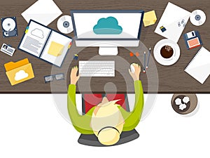 Vector illustration. Workplace, table with documents, computer. Flat cloud computing background. Media, data server. Web
