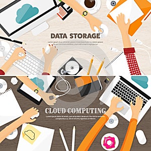 Vector illustration. Workplace, table with documents, computer. Flat cloud computing background. Media, data server. Web