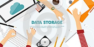 Vector illustration. Workplace, table with documents, computer. Flat cloud computing background. Media, data server. Web