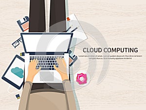 Vector illustration. Workplace, table with documents, computer. Flat cloud computing background. Media, data server. Web