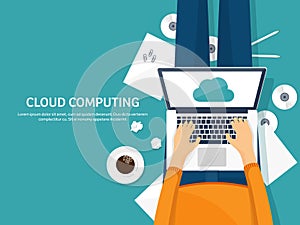 Vector illustration. Workplace, table with documents, computer. Flat cloud computing background. Media, data server. Web