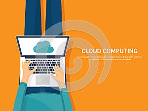 Vector illustration. Workplace, table with documents, computer. Flat cloud computing background. Media, data server. Web