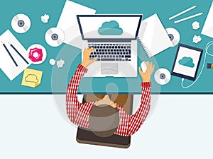 Vector illustration. Workplace, table with documents, computer. Flat cloud computing background. Media, data server. Web