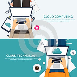 Vector illustration. Workplace,table with documents,computer. Flat cloud computing background. Media, data server. Web