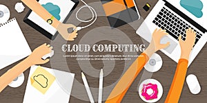 Vector illustration. Workplace, table with documents, computer. Flat cloud computing background. Media, data server. Web