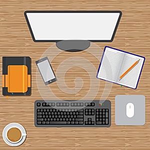 Vector illustration of workspace consist of computer, smartphone