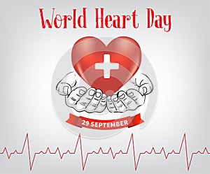 Vector illustration for World Heart Day 29 September with image of heart, and seamless cardiogram and heartbeat in multiple