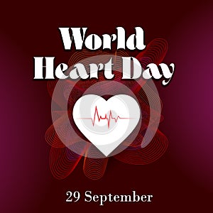 Vector illustration for World Heart Day 29 September with image of heart, and seamless cardiogram and heartbeat in multiple