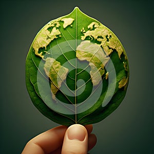 Vector illustration of world map on green leaf