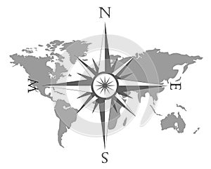 Vector illustration of world map with wind rose, navigation compass.