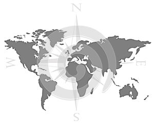 Vector illustration of world map with wind rose, navigation compass.
