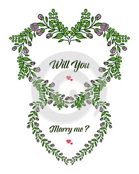 Vector illustration writing will you marry me for ornate of purple wreath frames