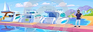 Vector illustration of a yacht club marina landscape with a captain and a city