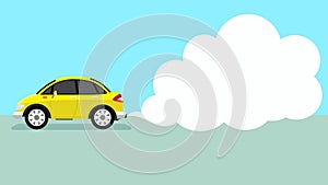 Vector or Illustration of yellow cartoon car passes by emitting pollutant fumes or smoke from the exhaust pipe.