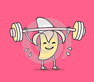 Vector illustration of yellow color banana with barbell lifting