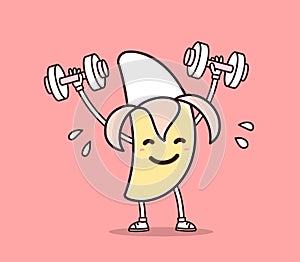 Vector illustration of yellow color smile banana lifts dumbbells