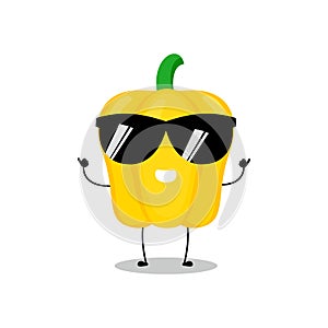 Vector illustration of yellow paprika character with cute expression, kawaii, chili pepper, smile, sunglasses