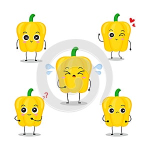 Vector illustration of yellow paprika character with various cute expression, kawaii, chili pepper, happy, smile