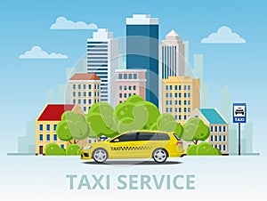 Vector illustration of yellow taxi cab on city with skyscrapers and tower with green trees.