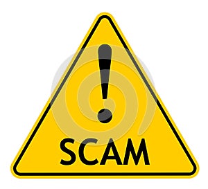 Vector illustration of yellow triangle warning sign with exclamation mark and SCAM