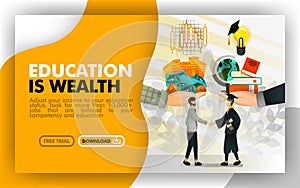 Vector illustration . Yellow and white banner website about education is wealth. Businessman exchanges money and stock into the se