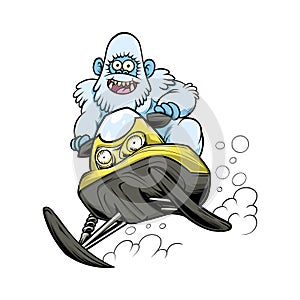 Vector Illustration of Yeti Cartoon Ride Snowmobile