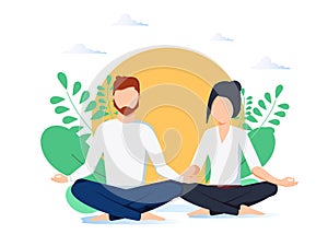 Vector illustration. yoga health benefits of the body, mind and emotions, a pregnant woman with her partner in a yoga.