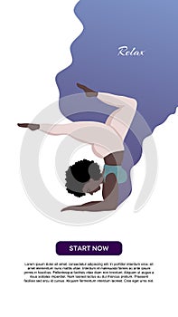 Vector illustration with yoga and healthy lifestyle sports and body positive concept. Young happy black oversized woman in yoga