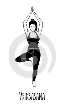 Vector illustration yoga pose Vriksasana. Tree pose. Girl does yoga exercises - vector