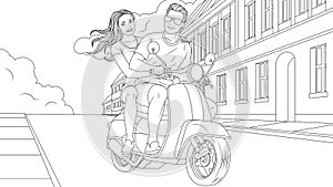 Vector illustration, a young beautiful couple in love ride a moped through the city streets